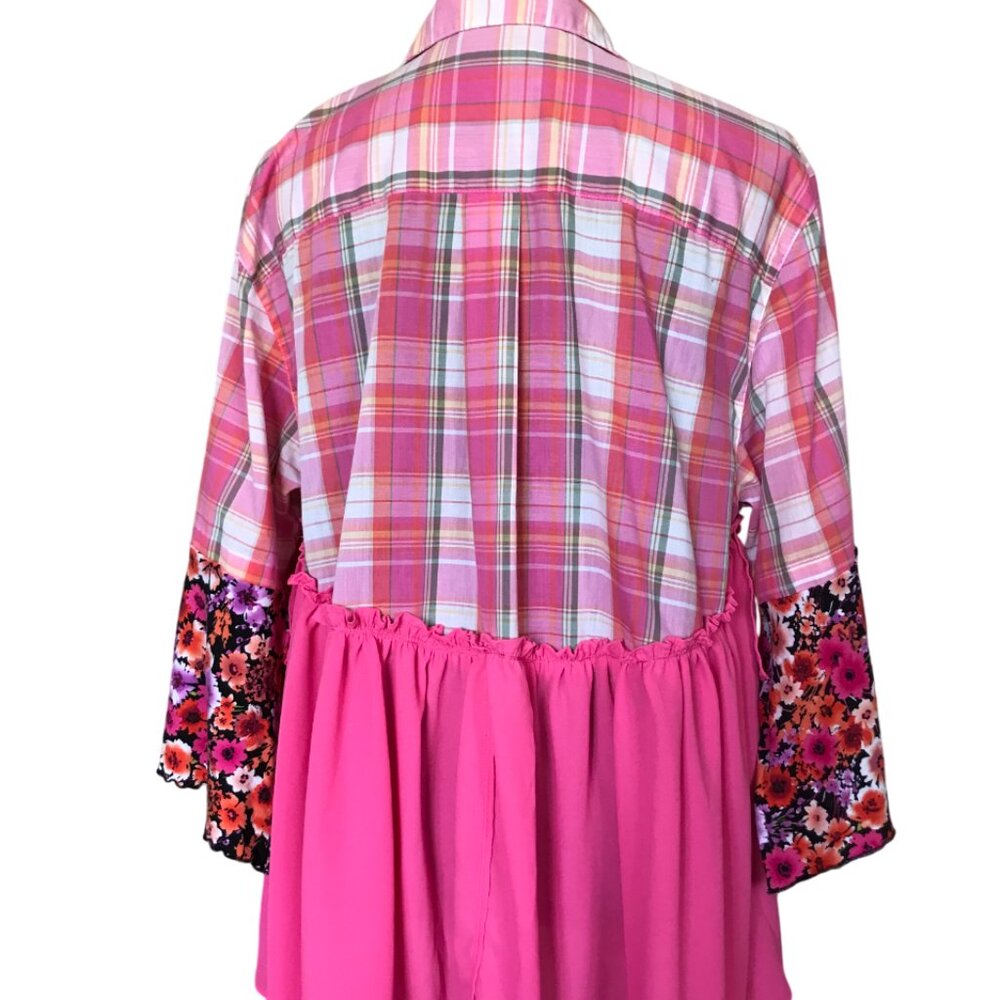 Handmade Upcycled Boho Tunic, Pink Ruffled Patchwork Top Size Large - Picture 9 of 13